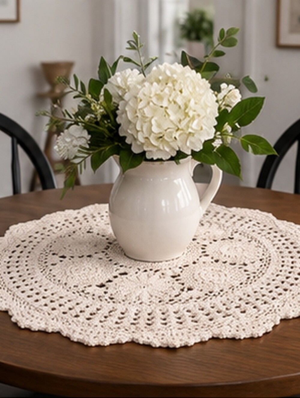 Vintage Handmade Crochet Doily 30” Round Ivory Floral Lace Table Topper